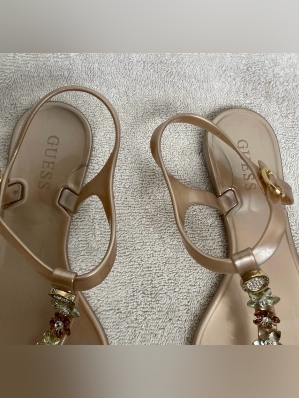 Guess Women's Rose Gold Jelly Rhinestone Bling Addison Sandals Size 8M Coastal - Picture 7 of 10